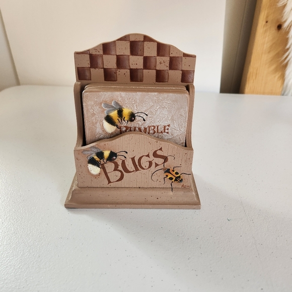 Vintage 1990s Hand Painted Wood Coasters Bees Dragonfly Lady Bugs Folk Art Set - Picture 2 of 8